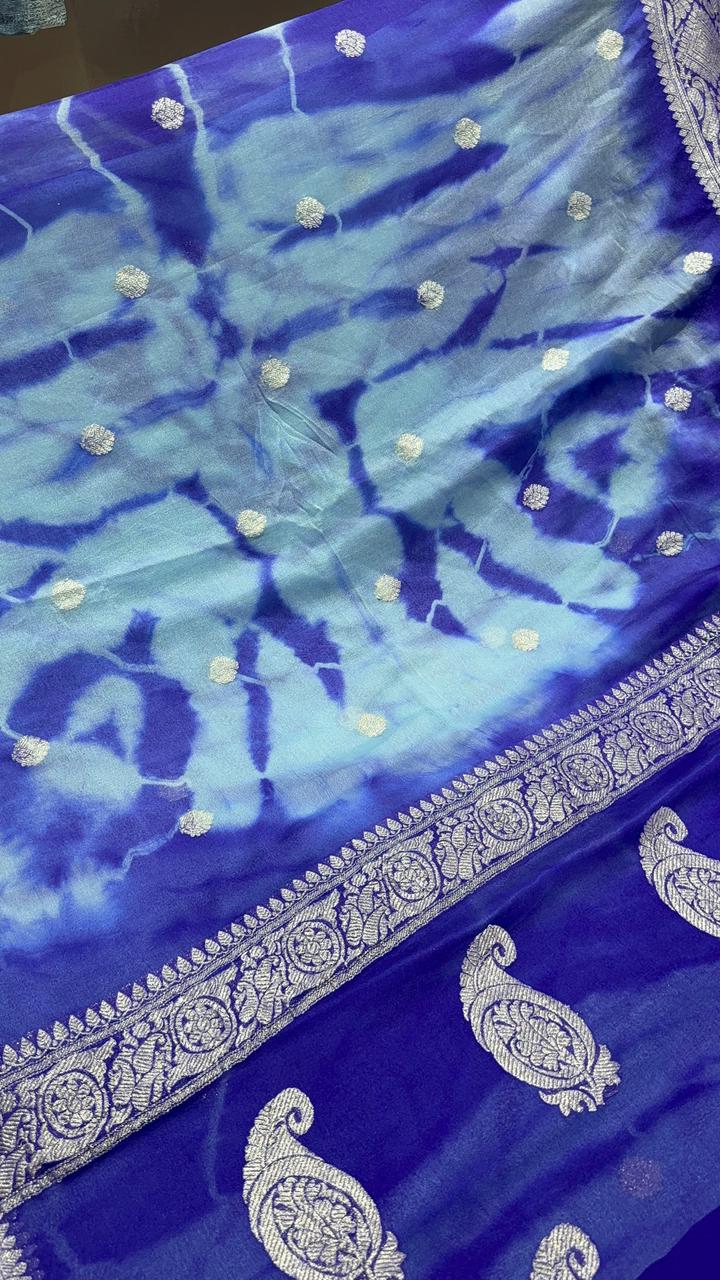 Blue Banarasi Shibori Chiffon Silk Saree with Silver Tone Zari Buttas and Rich Zari Border| SILK MARK CERTIFIED