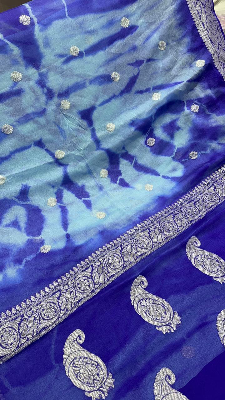 Blue Banarasi Shibori Chiffon Silk Saree with Silver Tone Zari Buttas and Rich Zari Border| SILK MARK CERTIFIED