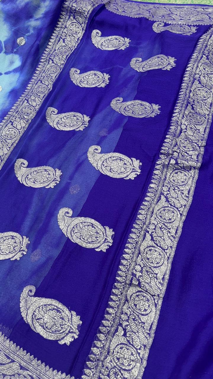 Blue Banarasi Shibori Chiffon Silk Saree with Silver Tone Zari Buttas and Rich Zari Border| SILK MARK CERTIFIED