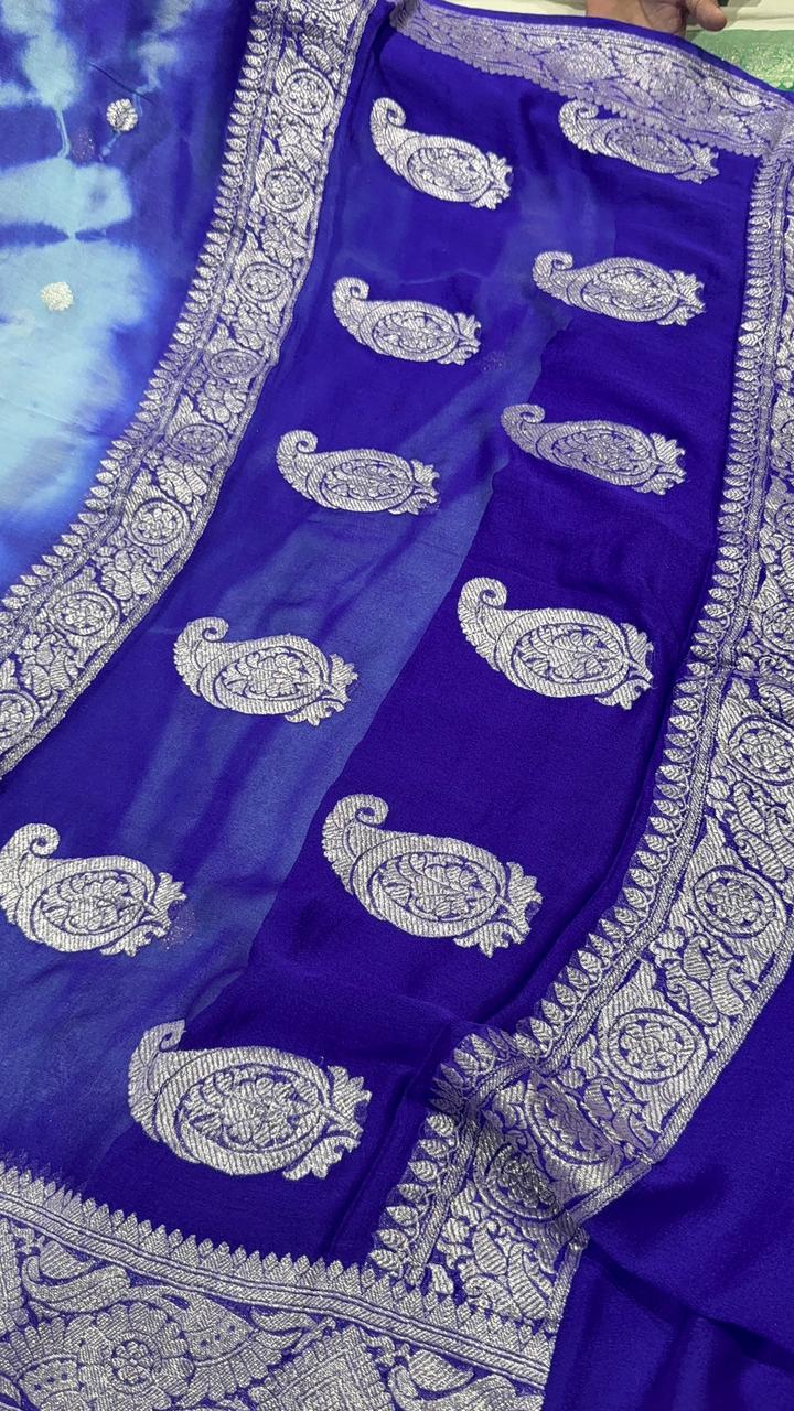 Blue Banarasi Shibori Chiffon Silk Saree with Silver Tone Zari Buttas and Rich Zari Border| SILK MARK CERTIFIED