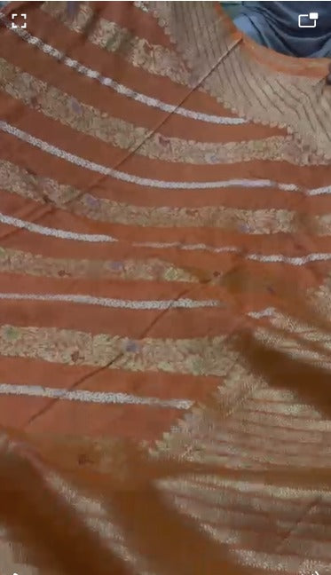 Orange Kaduwa Weave on Banarasi Tussar Georgette Saree with Ornate Stripes and Zari Border| SILK MARK CERTIFIED