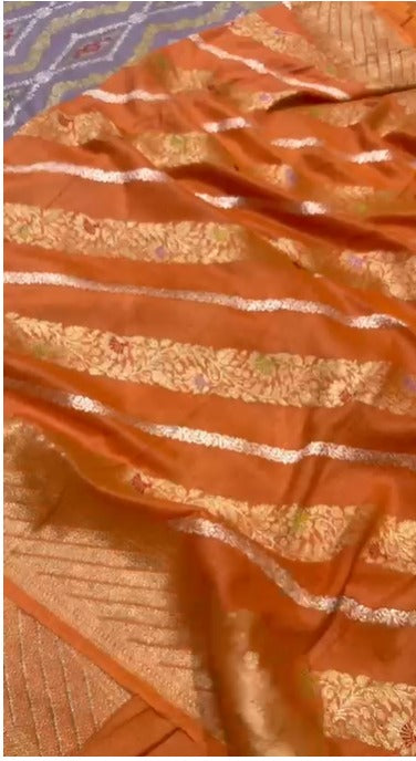 Orange Kaduwa Weave on Banarasi Tussar Georgette Saree with Ornate Stripes and Zari Border| SILK MARK CERTIFIED