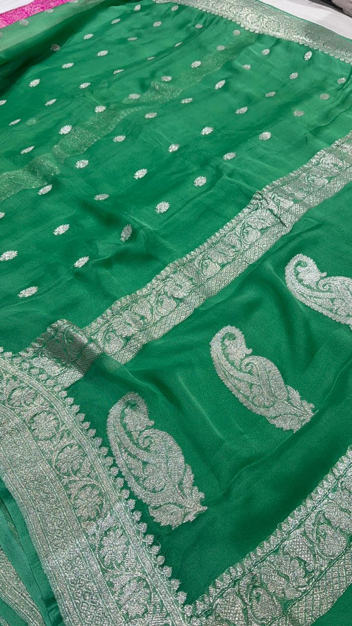 Irish Green Banarasi Chiffon Silk Saree with Silver Tone Zari Buttas and Rich Zari Border| SILK MARK CERTIFIED