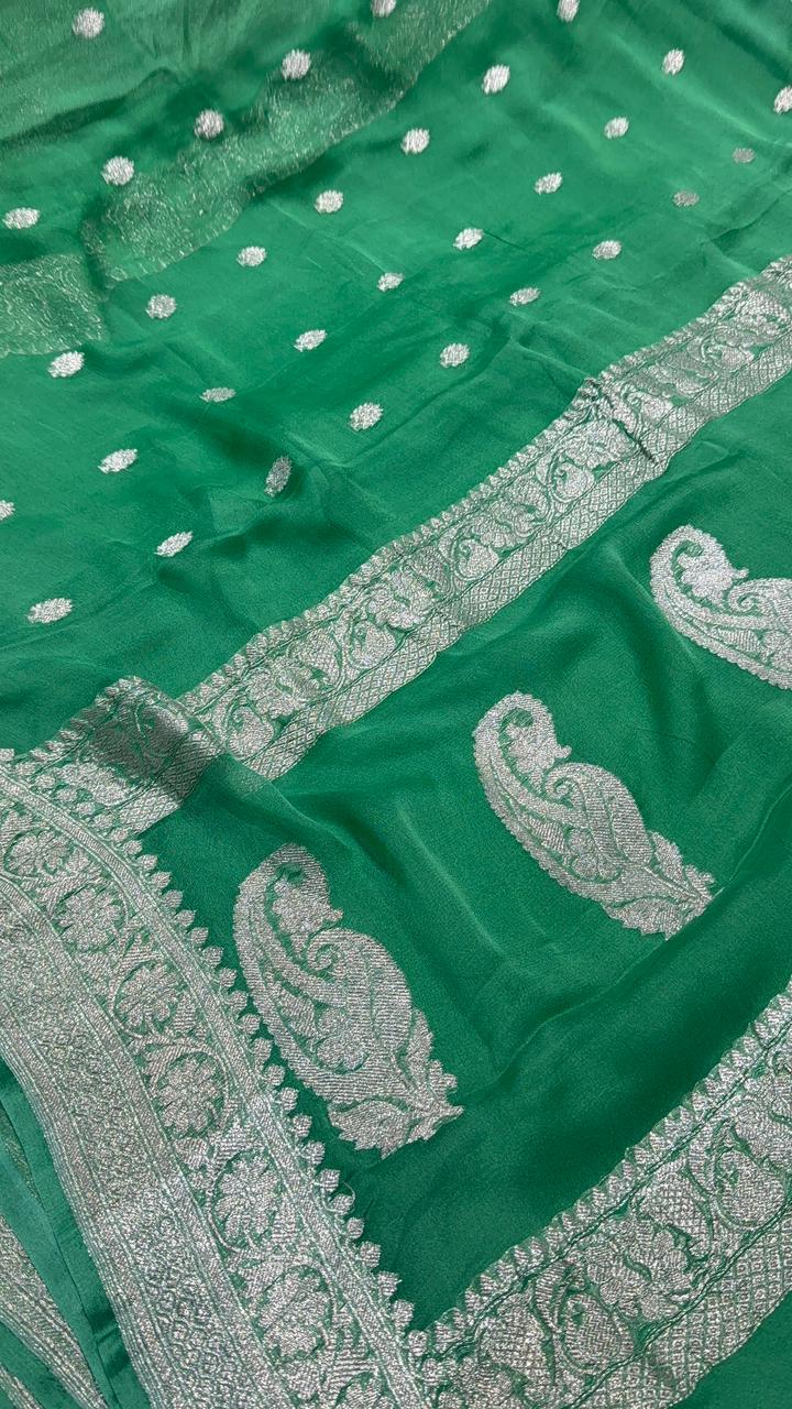 Irish Green Banarasi Chiffon Silk Saree with Silver Tone Zari Buttas and Rich Zari Border| SILK MARK CERTIFIED