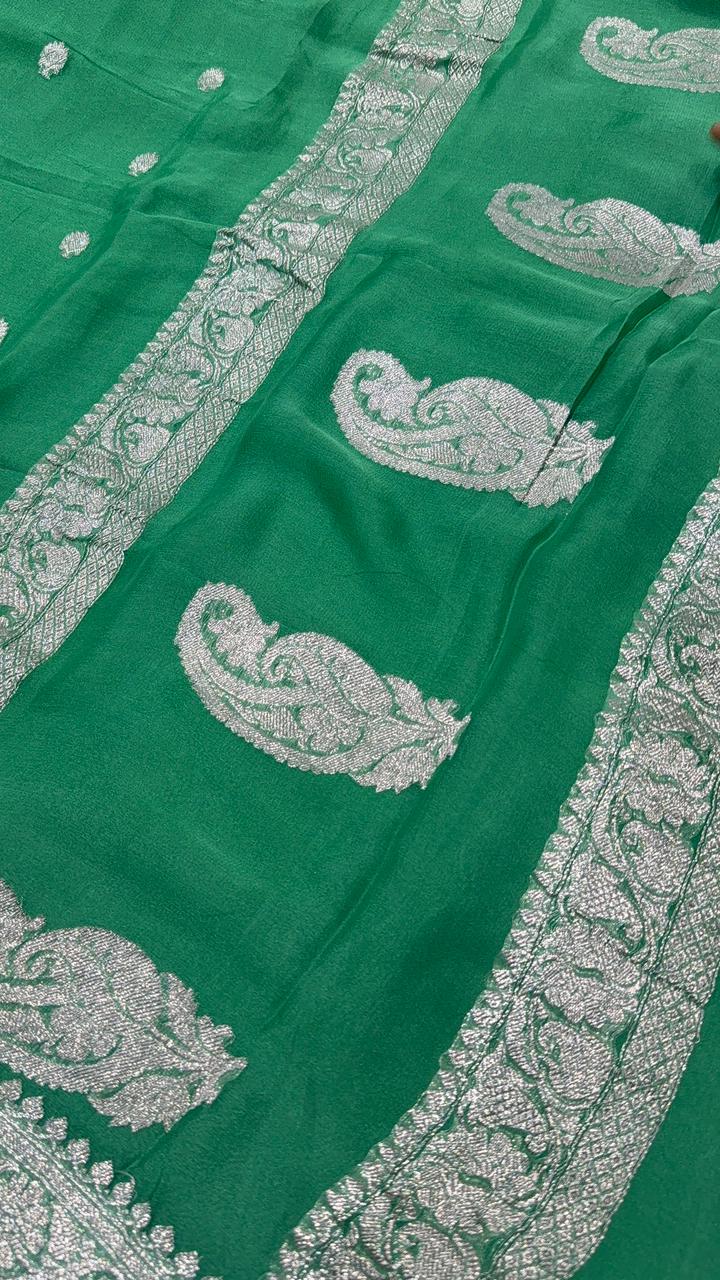 Irish Green Banarasi Chiffon Silk Saree with Silver Tone Zari Buttas and Rich Zari Border| SILK MARK CERTIFIED