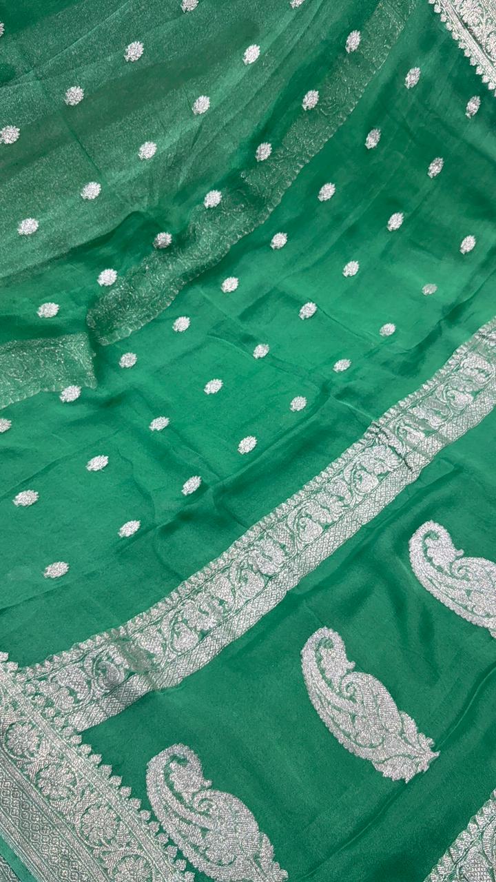 Irish Green Banarasi Chiffon Silk Saree with Silver Tone Zari Buttas and Rich Zari Border| SILK MARK CERTIFIED