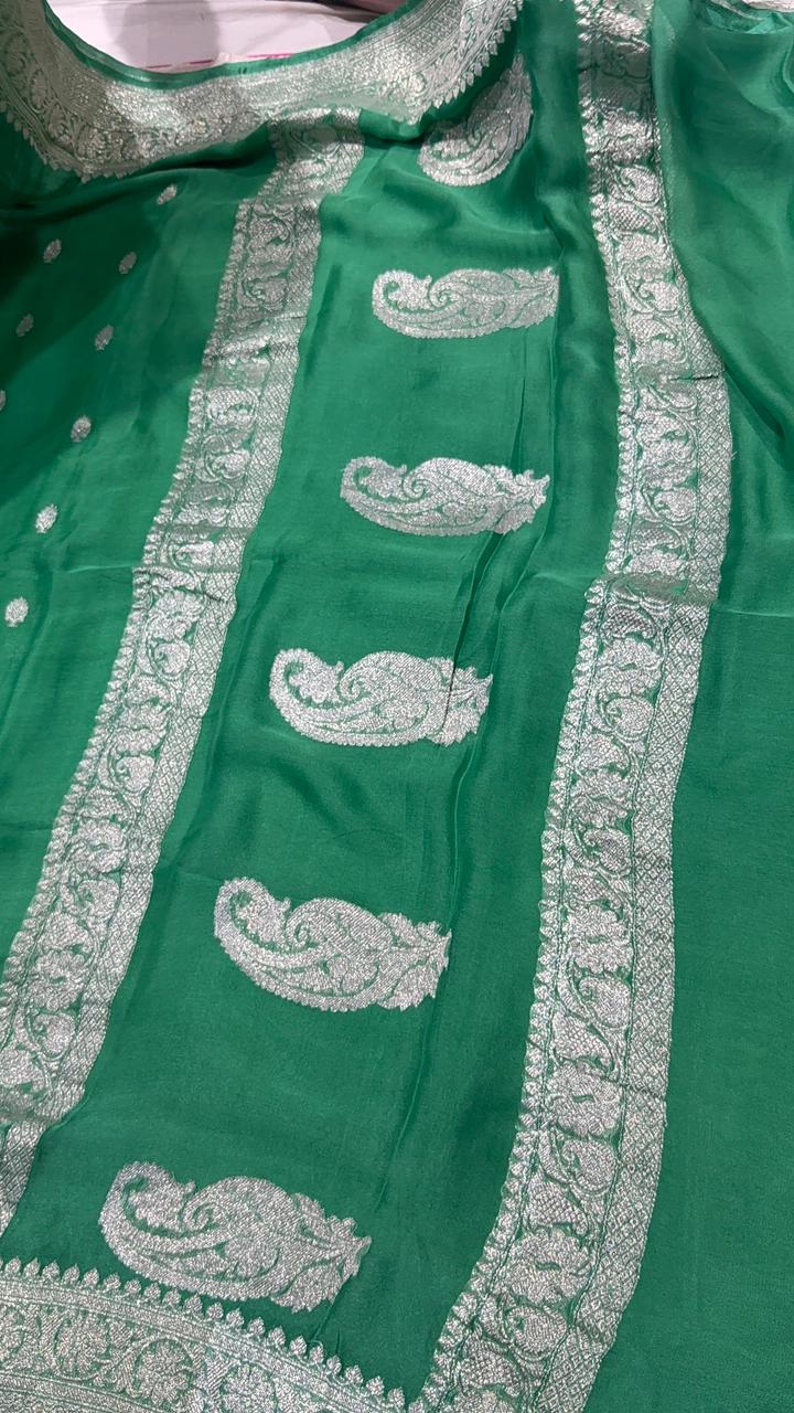 Irish Green Banarasi Chiffon Silk Saree with Silver Tone Zari Buttas and Rich Zari Border| SILK MARK CERTIFIED