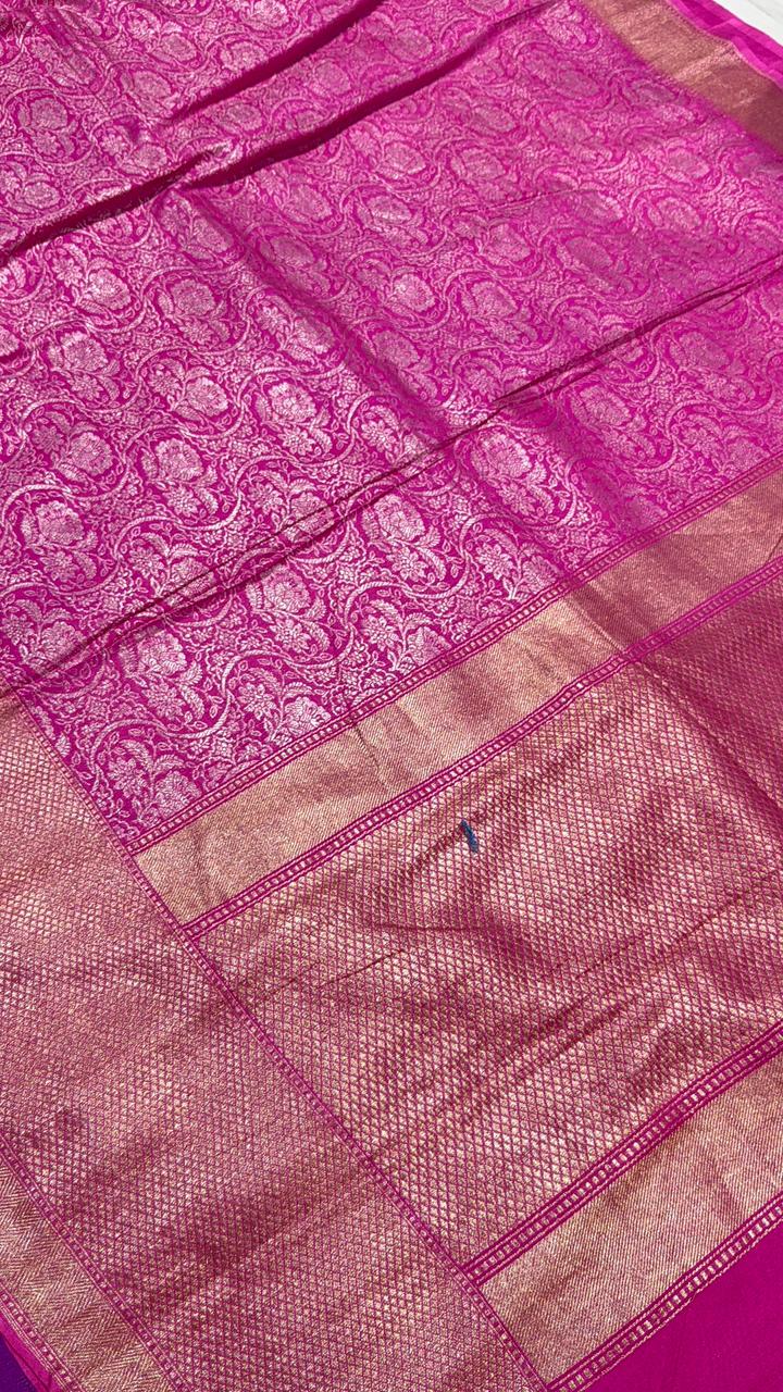 Pink Exiquisite Banarasi Moonga  Silk Saree with Zari Brocade and Skirt Border | SILK MARK CERTIFIED