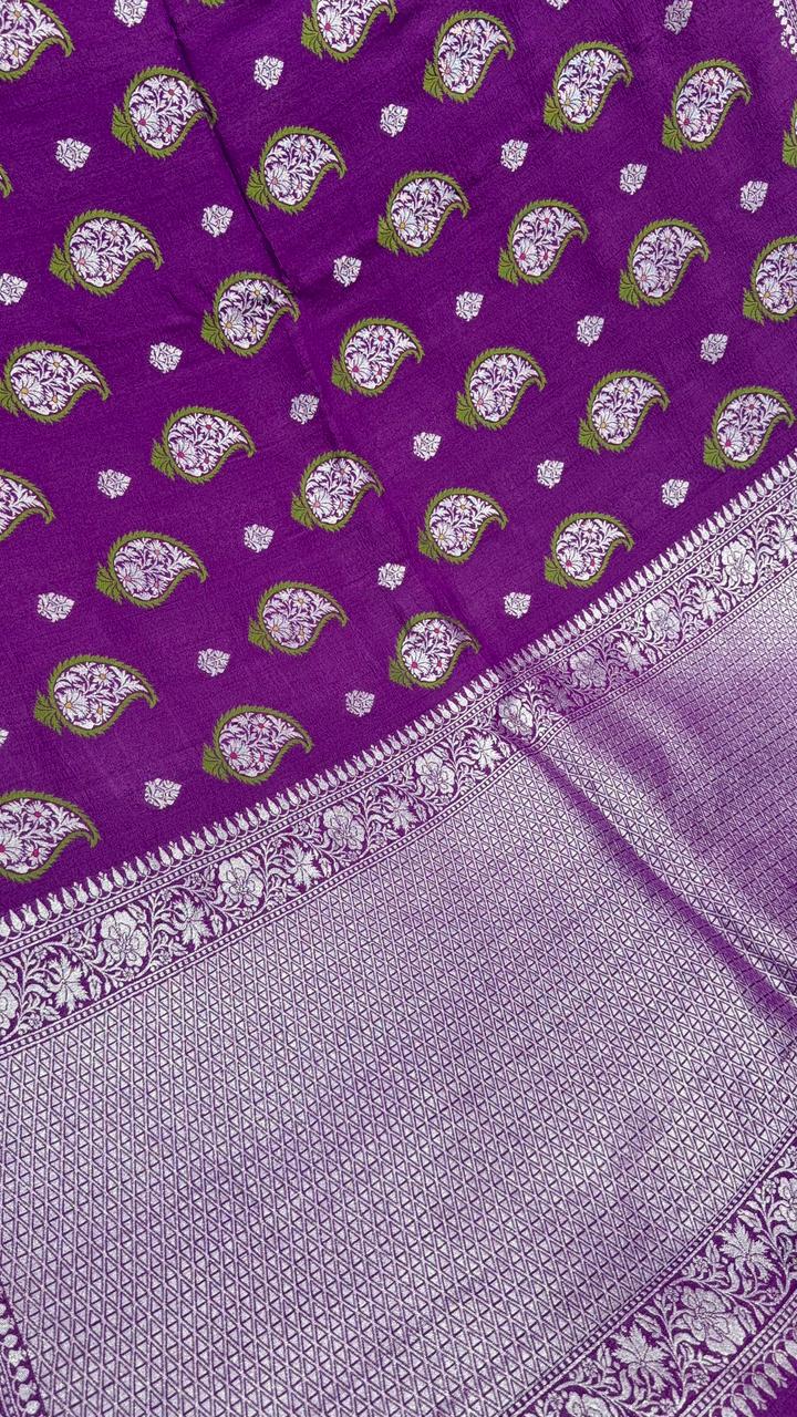 Purple Pure Tussar Georgette Saree with Paisley Meenakari Buttas and Zari Border | SILK MARK CERTIFIED