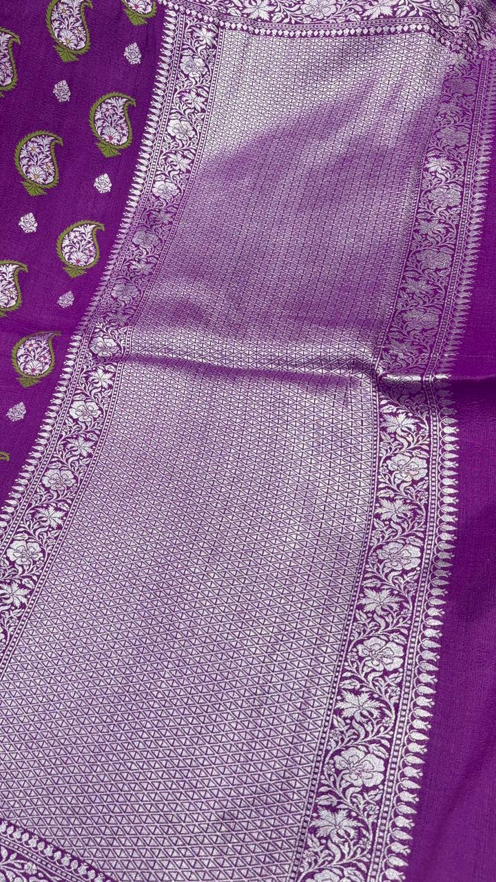 Purple Pure Tussar Georgette Saree with Paisley Meenakari Buttas and Zari Border | SILK MARK CERTIFIED