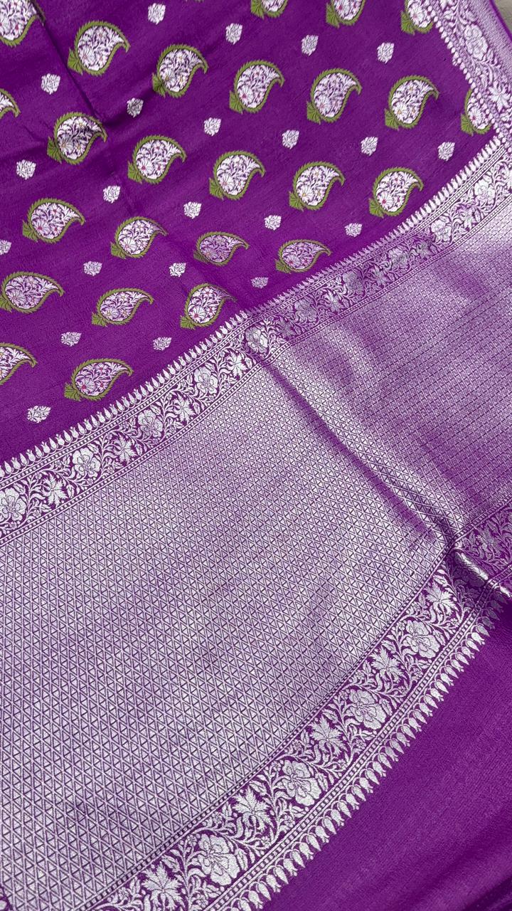 Purple Pure Tussar Georgette Saree with Paisley Meenakari Buttas and Zari Border | SILK MARK CERTIFIED