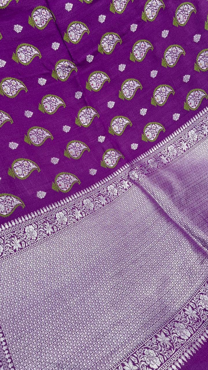 Purple Pure Tussar Georgette Saree with Paisley Meenakari Buttas and Zari Border | SILK MARK CERTIFIED