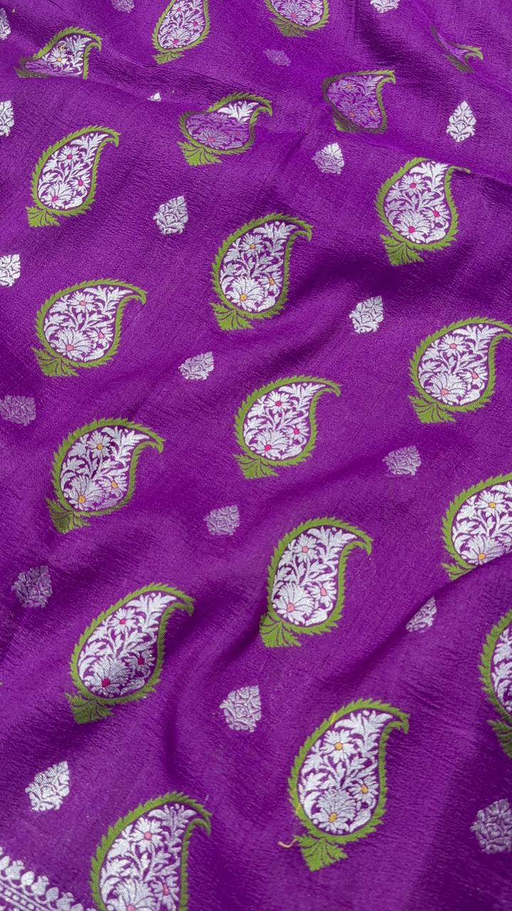 Purple Pure Tussar Georgette Saree with Paisley Meenakari Buttas and Zari Border | SILK MARK CERTIFIED