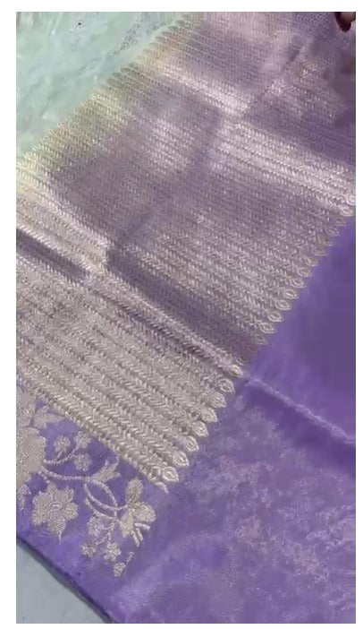 Dusty Mint Green Pure Banarasi Tissue Silk Saree with Meenakari Diamond Pannel in Silver Zari and Lilac Zari Border | SILK MARK CERTIFIED