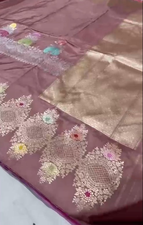 Dusky Mauve Banarasi Pure Katan Silk Saree with Meenakari Floral Skirt Border Border | SILK MARK CERTIFIED