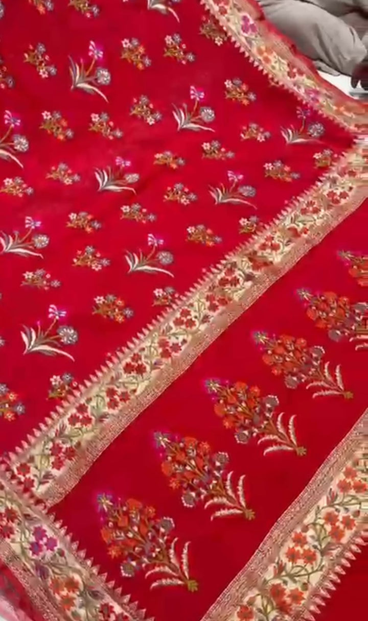 Authentic Blood Red Banarasi Silk Georgette Saree with Meenakari Floral Buttas and Paithani Style Border | SILK MARK CERTIFIED
