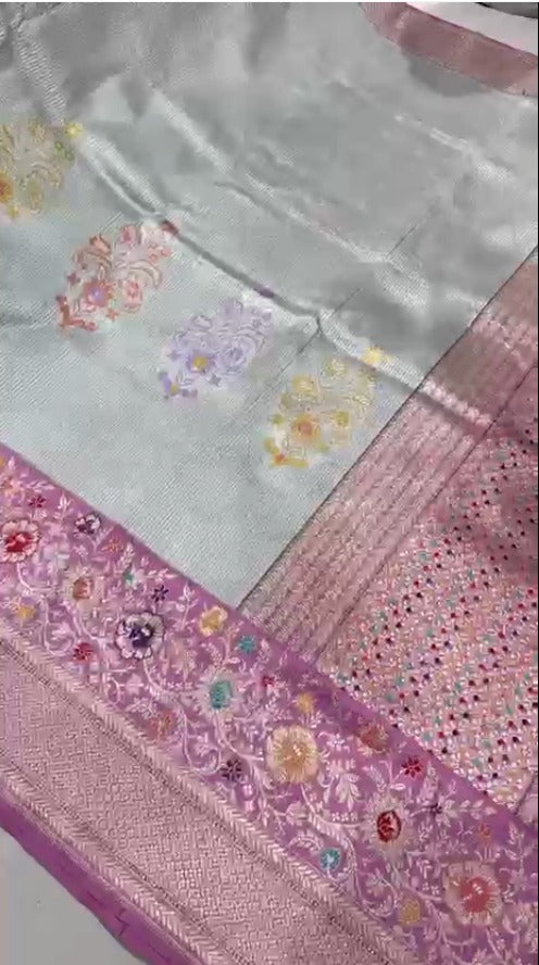 Light Aqua Shade Tissue Silver Zari Stripes with Meenakari butta and kadiyal border | SILK MARK CERTIFIED