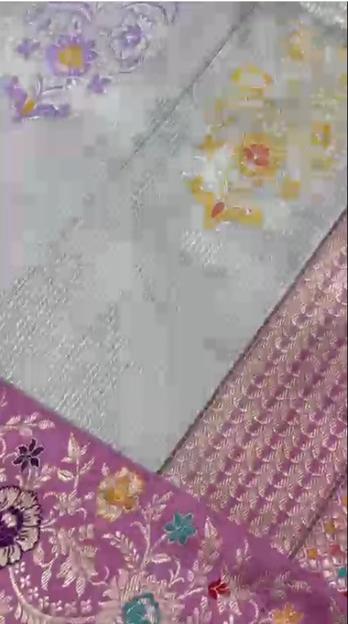 Light Aqua Shade Tissue Silver Zari Stripes with Meenakari butta and kadiyal border | SILK MARK CERTIFIED