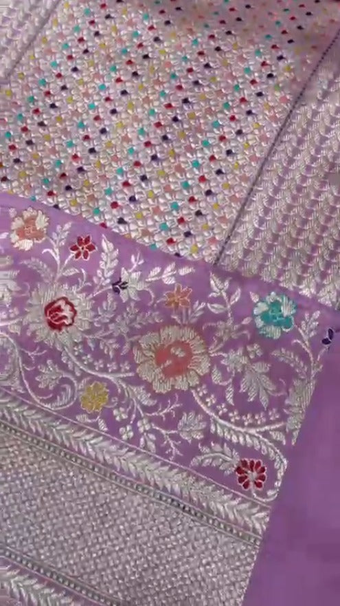 Light Aqua Shade Tissue Silver Zari Stripes with Meenakari butta and kadiyal border | SILK MARK CERTIFIED