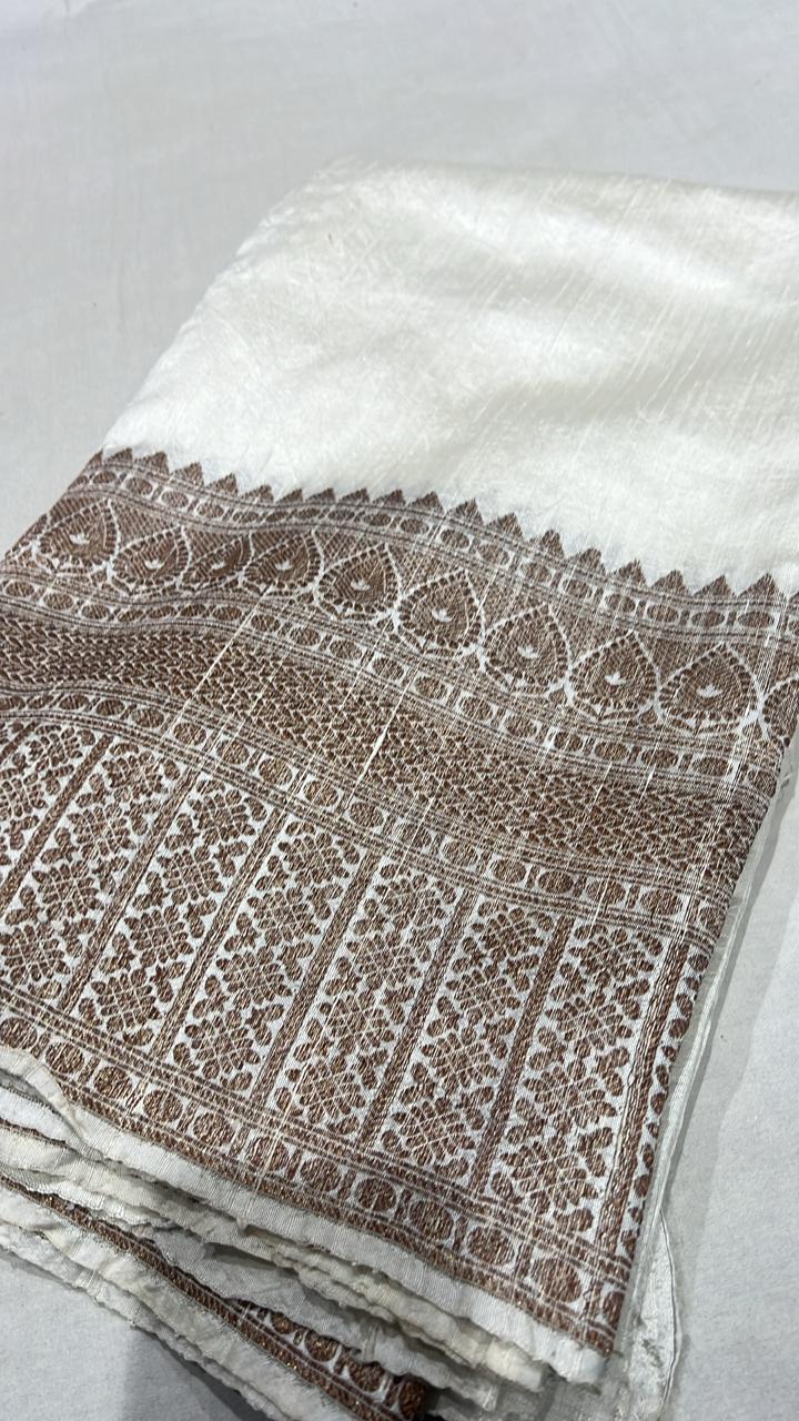 Ivory Raw Silk Saree with Antique Zari Border | SILK MARK CERTIFIED