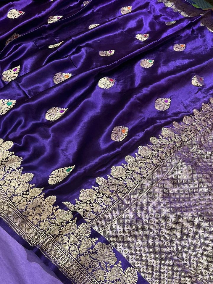 Blue Purplish  Banarasi Mashru Silk Saree with Meenakari Butta and Zari Border | SILK MARK CERTIFIED