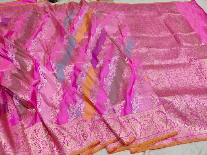 Rangkaat Kadhuwa Banarasi Silk Saree with Diagonal Zari stripes | SILK MARK CERTIFIED