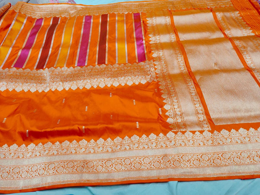 Vibrant Orange Vertical Stripes Half  Rangkaat Banarasi Katan Silk Saree with Zari Butta on Panel Zari Border | SILK MARK CERTIFIED