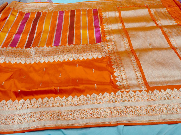 Vibrant Orange Vertical Stripes Half  Rangkaat Banarasi Katan Silk Saree with Zari Butta on Panel Zari Border | SILK MARK CERTIFIED