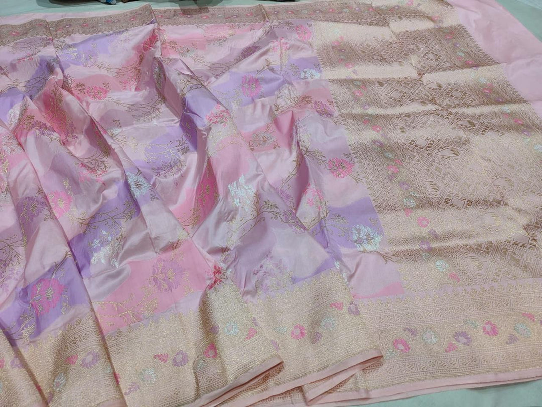 Pastel Multicolor Rangkaat Kadhuwa Banarasi Silk Saree with Diagonal Zari stripes | SILK MARK CERTIFIED