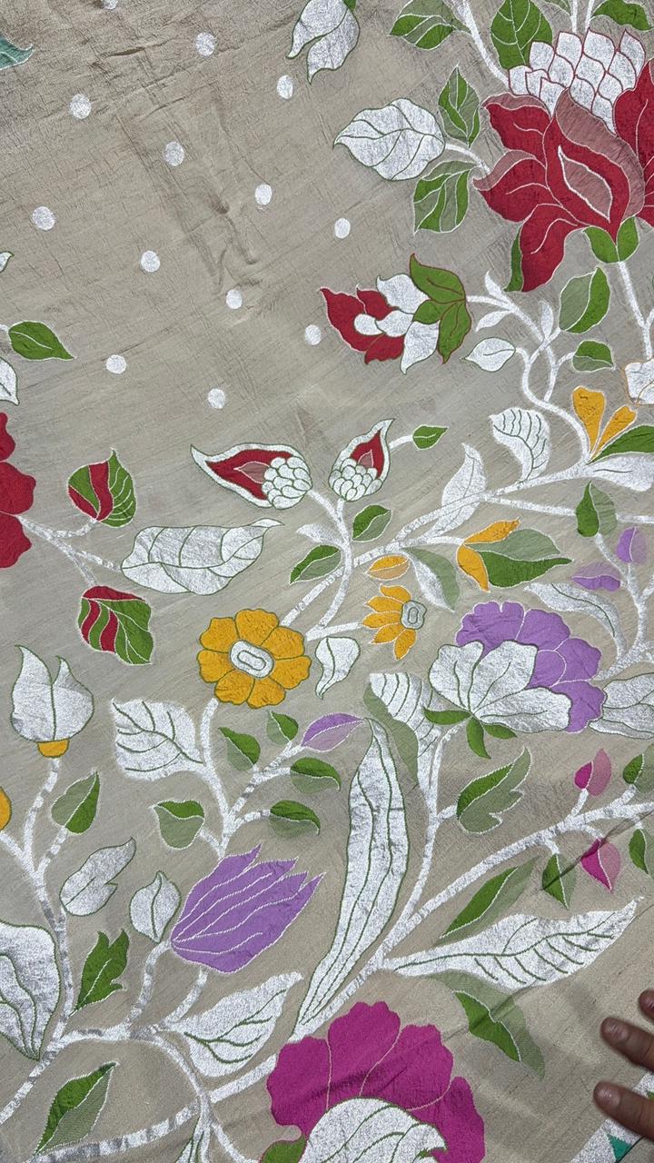 Cream Tussar Georgette Saree with Extravagant Meenakari Floral Jaal and Buttas | SILK MARK CERTIFIED