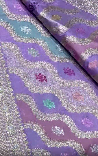 Rangkaat Kadhuwa Banarasi Silk Saree with Kaduwa Rangakaat meenakari buttas and Diagonal Zari Stripes | SILK MARK CERTIFIED