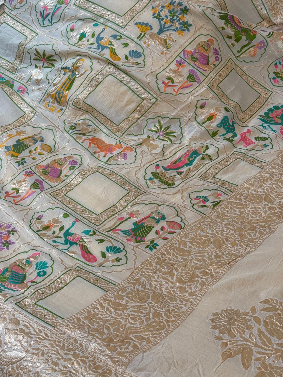 White, color customizable  Banarasi  georgette Silk saree with Pichwai and Arch Meenakari | SILK MARK CERTIFIED