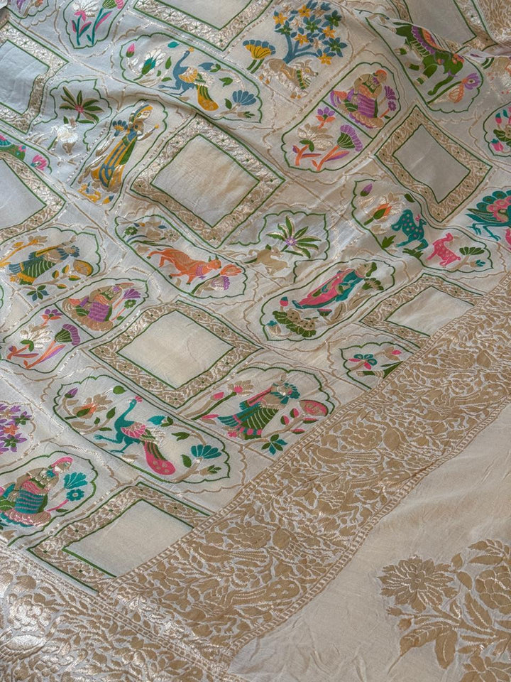 White, color customizable  Banarasi  georgette Silk saree with Pichwai and Arch Meenakari | SILK MARK CERTIFIED
