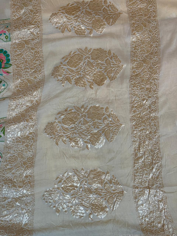 White, color customizable  Banarasi  georgette Silk saree with Pichwai and Arch Meenakari | SILK MARK CERTIFIED