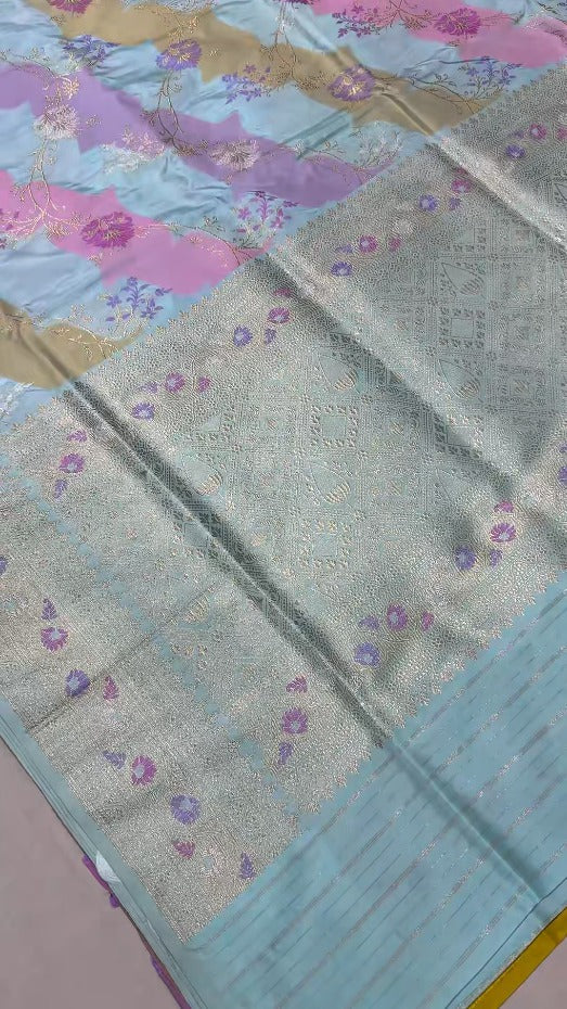 Pastel Hued Rangkaat Kadhuwa Banarasi Silk Saree with meenakari buttas and Zari Border | SILK MARK CERTIFIED