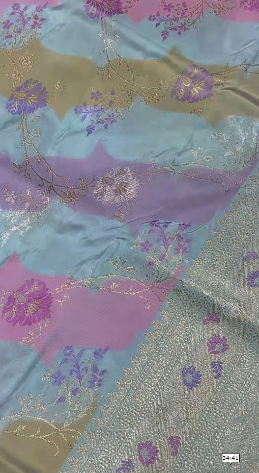 Pastel Hued Rangkaat Kadhuwa Banarasi Silk Saree with meenakari buttas and Zari Border | SILK MARK CERTIFIED