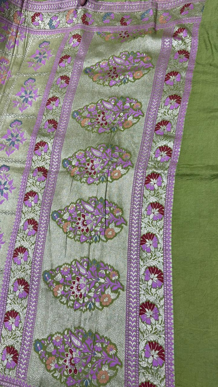 Green Paithani Style Moonga Tissue  Banarasi Silk Saree with Meenakari Floral Buttas and Zari Border  | SILK MARK CERTIFIED
