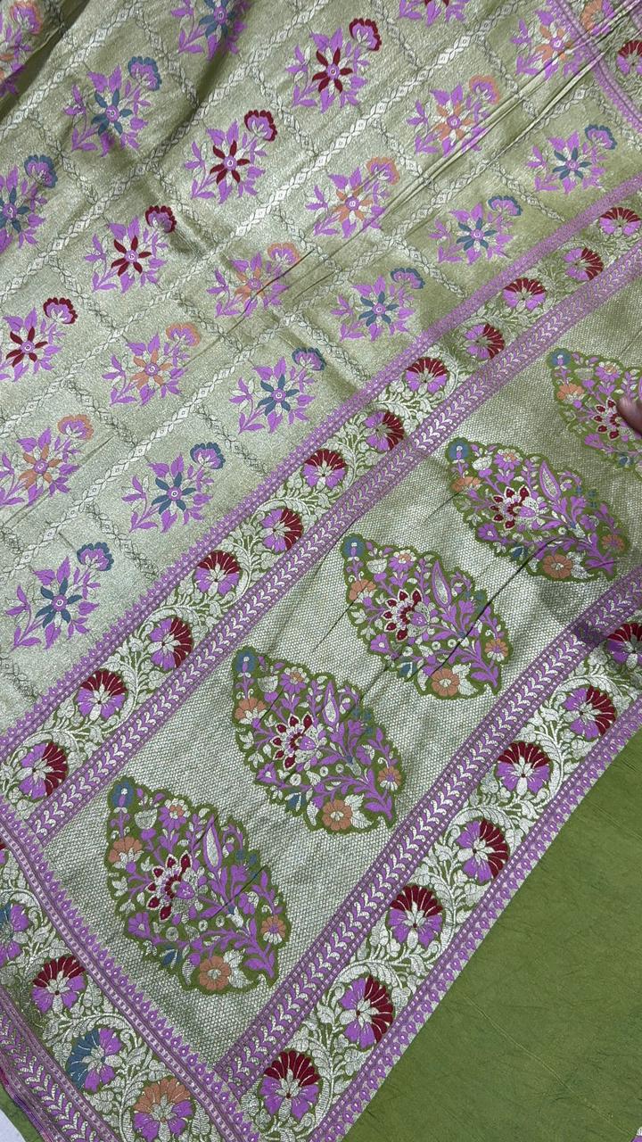 Green Paithani Style Moonga Tissue  Banarasi Silk Saree with Meenakari Floral Buttas and Zari Border  | SILK MARK CERTIFIED