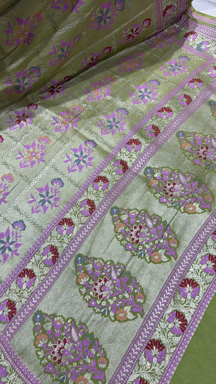 Green Paithani Style Moonga Tissue  Banarasi Silk Saree with Meenakari Floral Buttas and Zari Border  | SILK MARK CERTIFIED