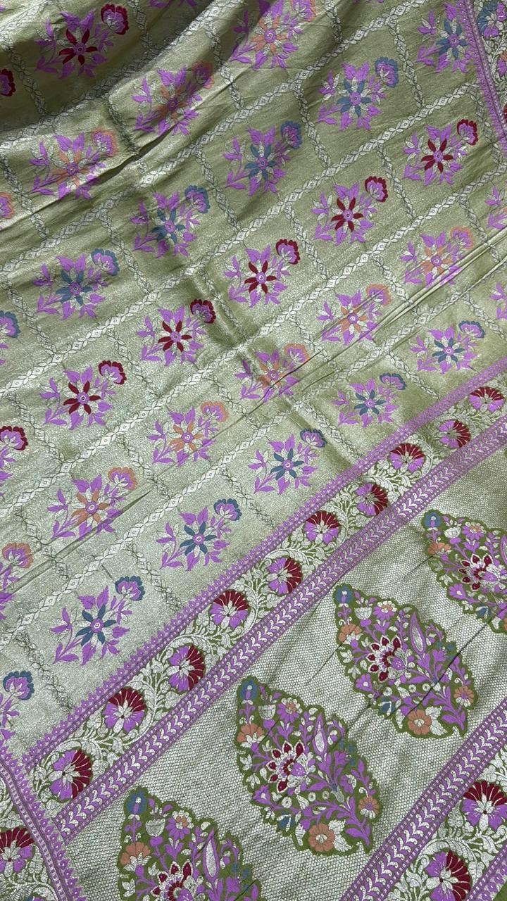 Green Paithani Style Moonga Tissue  Banarasi Silk Saree with Meenakari Floral Buttas and Zari Border  | SILK MARK CERTIFIED