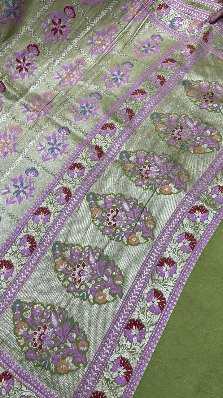 Green Paithani Style Moonga Tissue  Banarasi Silk Saree with Meenakari Floral Buttas and Zari Border  | SILK MARK CERTIFIED