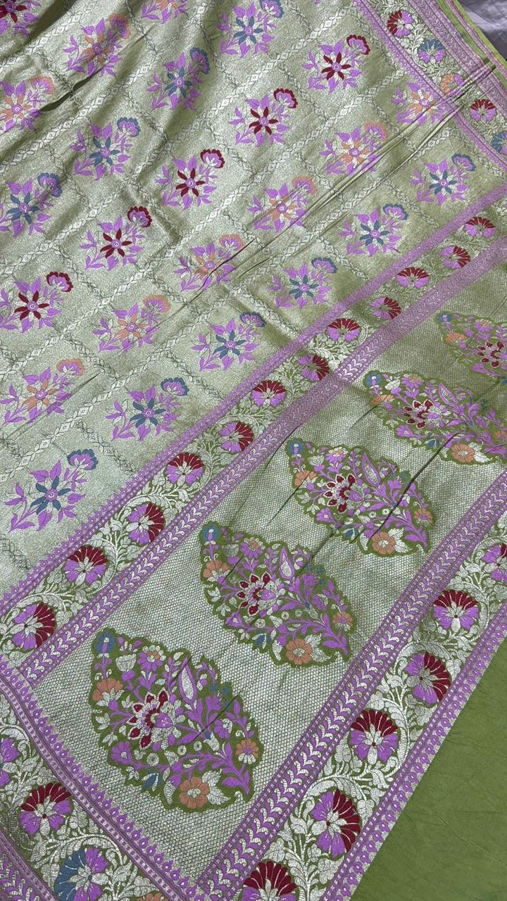 Green Paithani Style Moonga Tissue  Banarasi Silk Saree with Meenakari Floral Buttas and Zari Border  | SILK MARK CERTIFIED