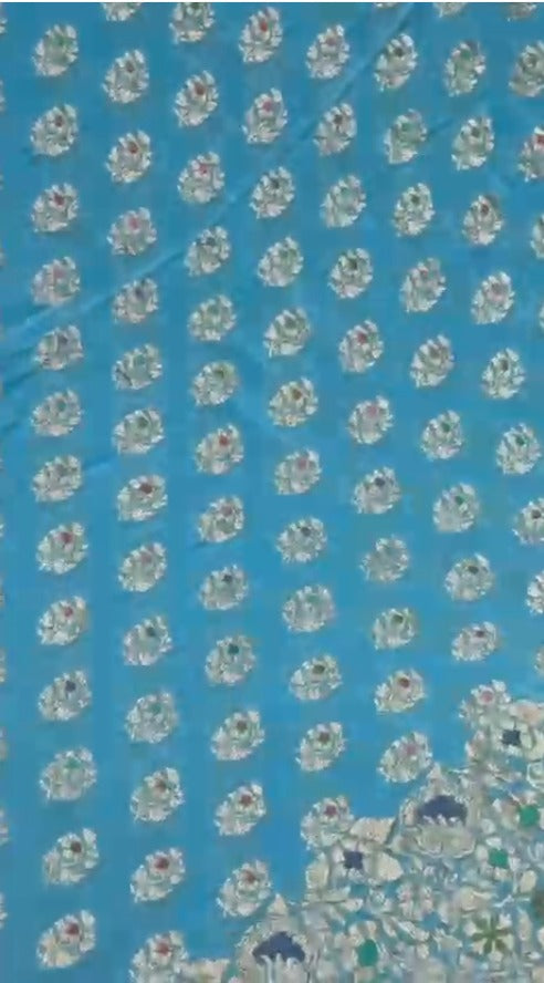 Authentic Turquoise Meenakari Work on Banarasi Silk Georgette Saree with Floral Buttas and 2 Side Equal Ornate Skirt Border | SILK MARK CERTIFIED