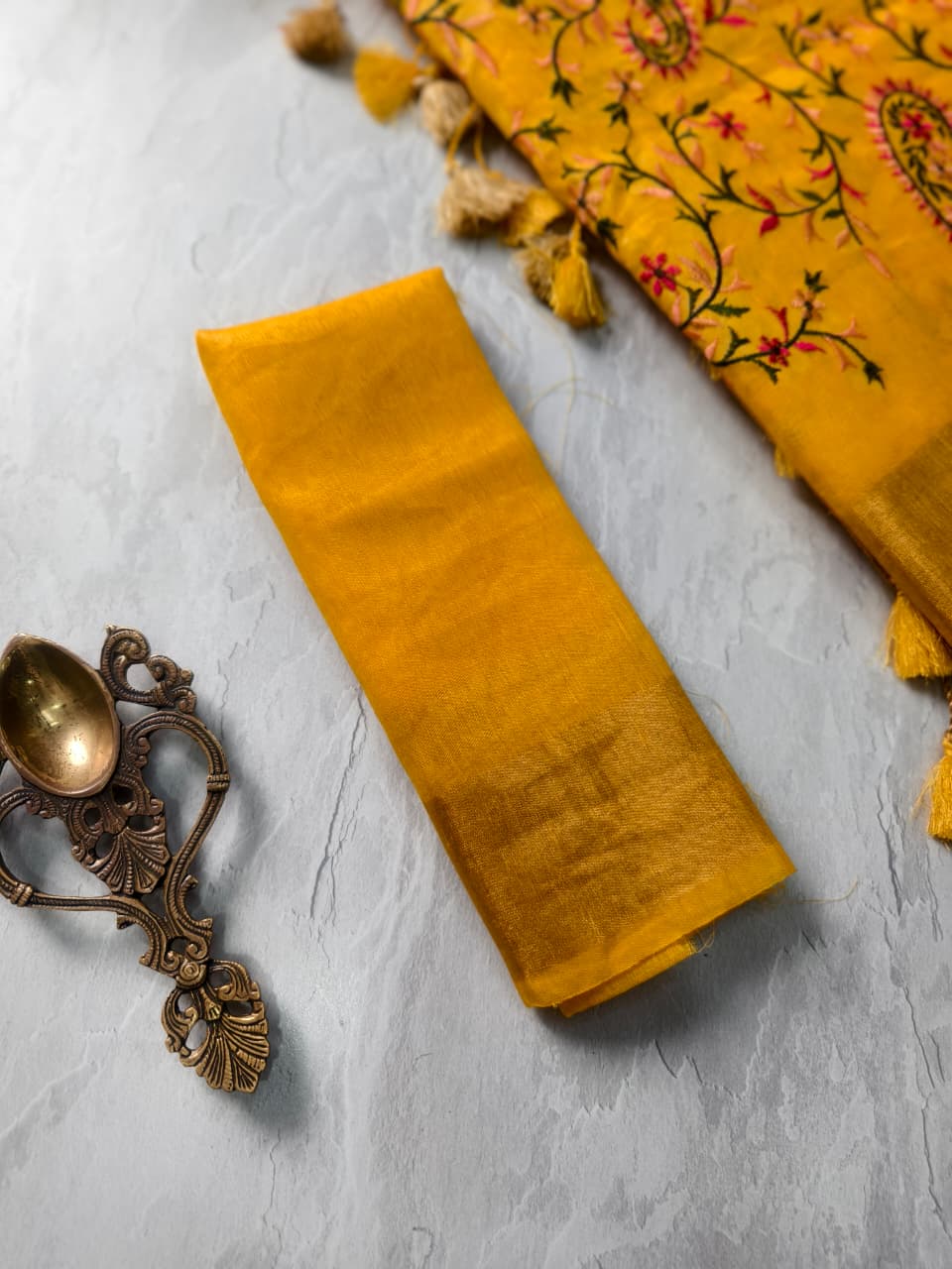 Silk Linen Saree in Yellow with Floral Half Jaal Embroidery