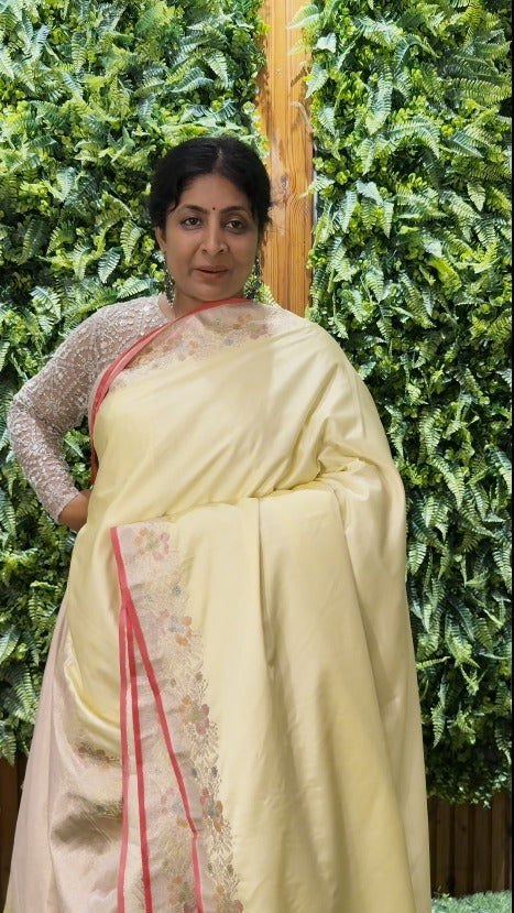 Butter Yellow Semi Mashru Banarasi Silk Saree with Meenakari hand Brush Dye on Zari Borders