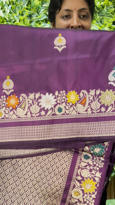 Deep Purple Pure Banarasi Mashru Silk Saree with Floral Meenakari Butta and Zari Border | SILK MARK CERTIFIED