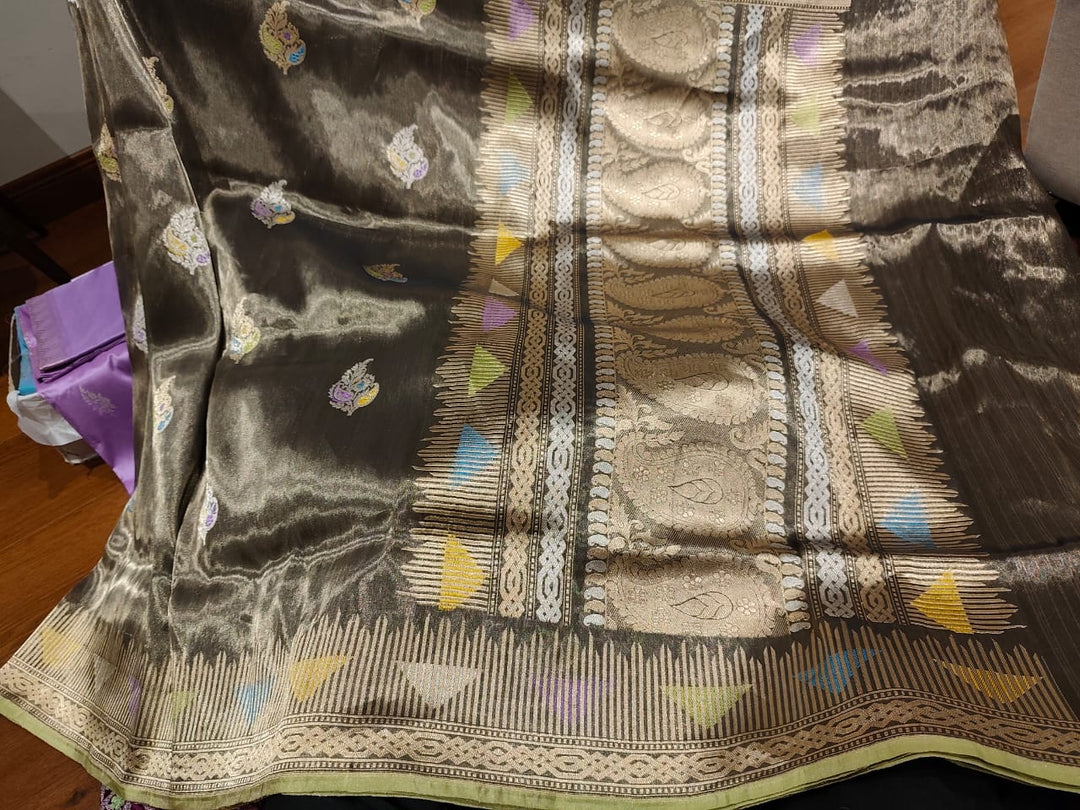 Deep Brown Pure Banarasi Tissue  Silk Handloom Saree with Meenakari kadhuwa Floral Butta and Zari Border | SILK MARK CERTIFIED