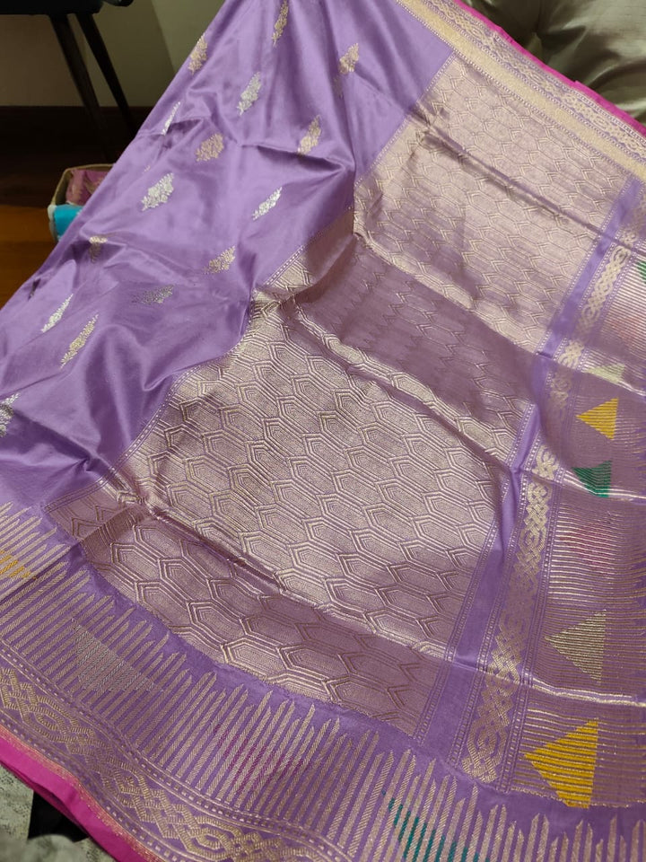 Lilac Pure Banarasi Silk Saree with Sona Rupa Butta and Geometric Meenakari Zari Border | SILK MARK CERTIFIED