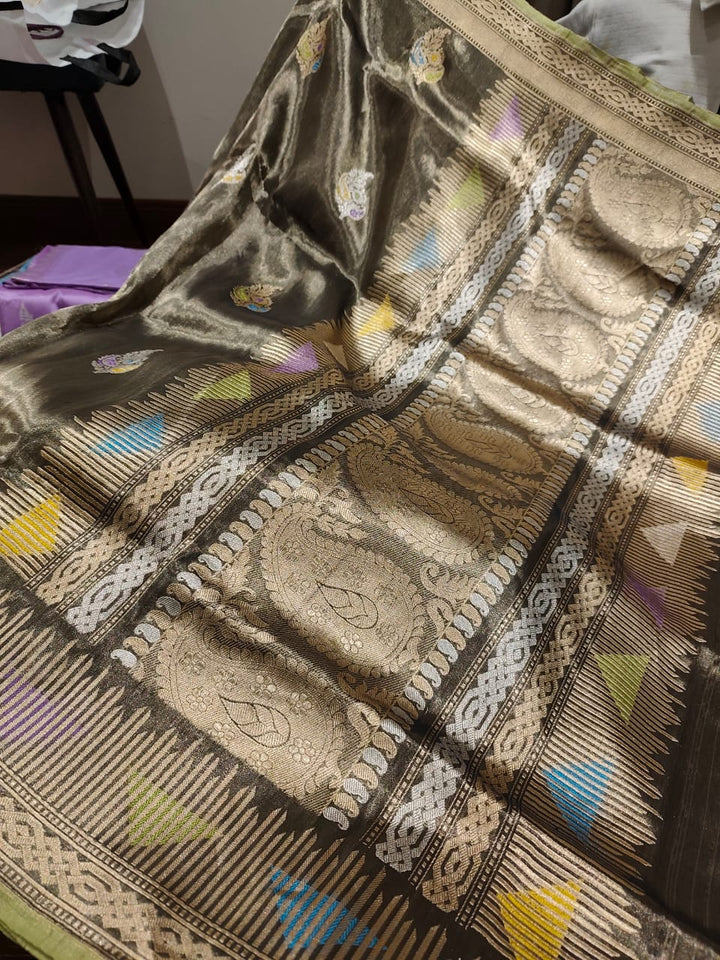 Deep Brown Pure Banarasi Tissue  Silk Handloom Saree with Meenakari kadhuwa Floral Butta and Zari Border | SILK MARK CERTIFIED