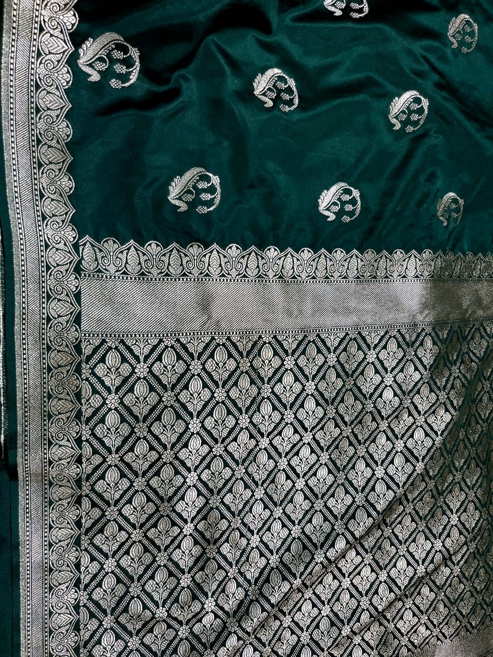 Deep Green Banarasi Semi Mashru Silk Saree with Zari Butta and Border